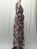 Summer Lantern Sleeve Sexy Deep V Neck Leaf Print Long Dress