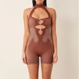 Women Solid Halter Neck Sleeveless Backless Casual Sexy Hollow Knitting Romper