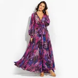 Summer Lantern Sleeve Sexy Deep V Neck Leaf Print Long Dress