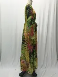 Summer Lantern Sleeve Sexy Deep V Neck Leaf Print Long Dress