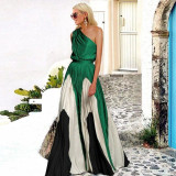 Women Contrast Patchwork Off-Shoulder Print Maxi Dress