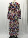 Summer Lantern Sleeve Sexy Deep V Neck Leaf Print Long Dress