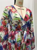 Summer Lantern Sleeve Sexy Deep V Neck Leaf Print Long Dress