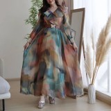 Spring Summer Print Mesh V-Neck Long Dress Plus Size Women's Dress