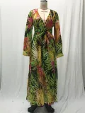 Summer Lantern Sleeve Sexy Deep V Neck Leaf Print Long Dress