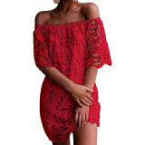 Spring Summer Solid Color Lace Half-Sleeve Off Shoulder Fashion Casual Dress