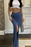 Summer Solid Color Slim Flower Split Long Skirt