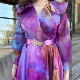 Spring Summer Print Mesh V-Neck Long Dress Plus Size Women's Dress