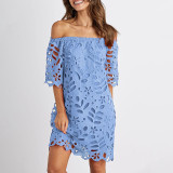 Spring Summer Solid Color Lace Half-Sleeve Off Shoulder Fashion Casual Dress