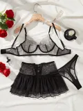 Women Floral Embroidery See-Through Mesh Sexy Lace-Up Short Skirt Sexy Lingerie Three-Piece