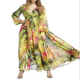 Summer Lantern Sleeve Sexy Deep V Neck Leaf Print Long Dress