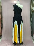 Women Contrast Patchwork Off-Shoulder Print Maxi Dress