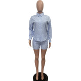 Women's Spring Summer Fashion Casual Striped Button Turndown Collar Shirt Shorts Two-Piece Set