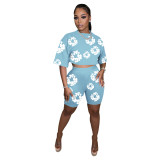 Women Summer Round Neck Short Sleeve Top and Shorts Printed Two-piece Set