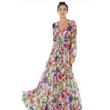 Summer Lantern Sleeve Sexy Deep V Neck Leaf Print Long Dress
