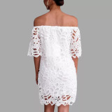 Spring Summer Solid Color Lace Half-Sleeve Off Shoulder Fashion Casual Dress
