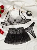 Women Floral Embroidery See-Through Mesh Sexy Lace-Up Short Skirt Sexy Lingerie Three-Piece