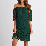 Spring Summer Solid Color Lace Half-Sleeve Off Shoulder Fashion Casual Dress