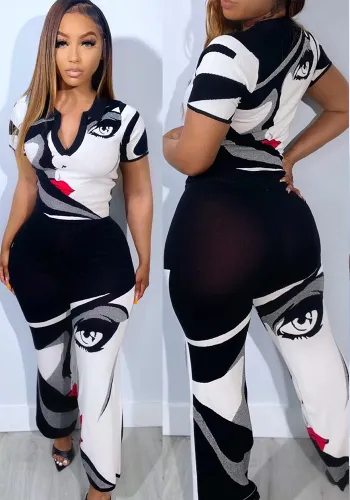 Women's Summer Fashion Printed Turndown Collar Short Sleeve Tight Fitting Two Piece Trousers Set