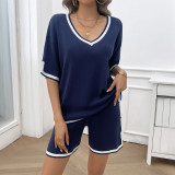Spring And Summer Women's Casual Loose V Neck Sweater Shorts Set
