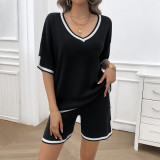 Spring And Summer Women's Casual Loose V Neck Sweater Shorts Set