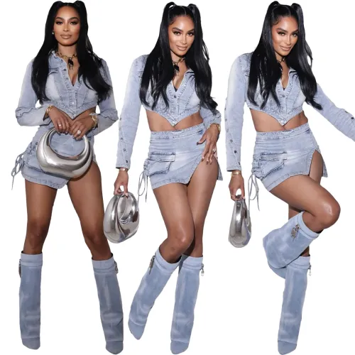 Washed Button Zipper Tie Irregular Slit Pocket Denim Skirt Two Piece Set