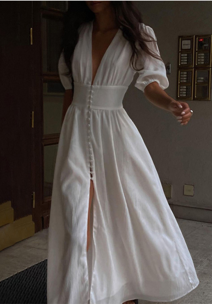 Elegant Puff Sleeve Slit Dress