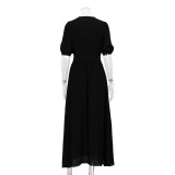 Women Elegant Puff Sleeve Slit Maxi Dress