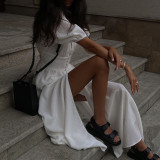 Women Elegant Puff Sleeve Slit Maxi Dress