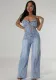 Women Strapless Denim Wide-leg Jumpsuit