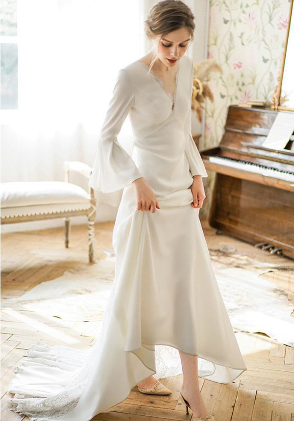Women Bell Bottom sleeve wedding bride French evening dress（process time 3-6 days）