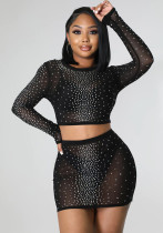 Summer Women Sexy Mesh Beaded See-Through Long Sleeve Top and Mini Skirt Two-Piece Set