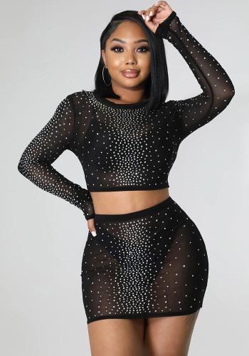 Summer Women Sexy Mesh Beaded See-Through Long Sleeve Top and Mini Skirt Two-Piece Set