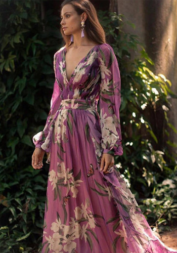 Summer V-neck Long Sleeve Printed Dress