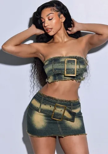Women sexy washed Denim belt tassel wrapped chest Top and Mini Skirt two-piece set