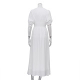 Women Elegant Puff Sleeve Slit Maxi Dress