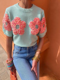 Women Contrast Color Flower Round Neck short-sleeved Top