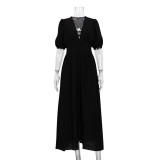 Women Elegant Puff Sleeve Slit Maxi Dress