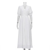Women Elegant Puff Sleeve Slit Maxi Dress