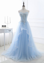 Women blue Strapless Lace-Up bridesmaid dress formal party evening dress（process time 3-6 days）