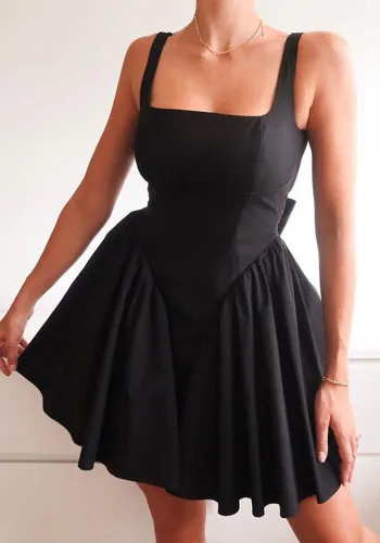 Spring Summer Women's Solid Color Strap Low Back Lace-Up Bow Tie A-Line Mini Dress