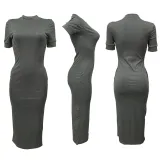 Summer Women's Fashion Round Neck Solid Rib Short Sleeve Sexy Slim Long Dress
