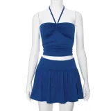 Women's Summer Strapless Low Back Ruffled Casual Two Piece Skirt Set