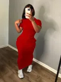Summer Women's Fashion Round Neck Solid Rib Short Sleeve Sexy Slim Long Dress