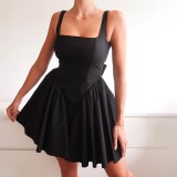 Spring Summer Women's Solid Color Strap Low Back Lace-Up Bow Tie A-Line Mini Dress