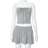Women's Summer Strapless Low Back Ruffled Casual Two Piece Skirt Set