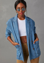 Retro Light Blue Turndown Collar Washed Denim Jacket