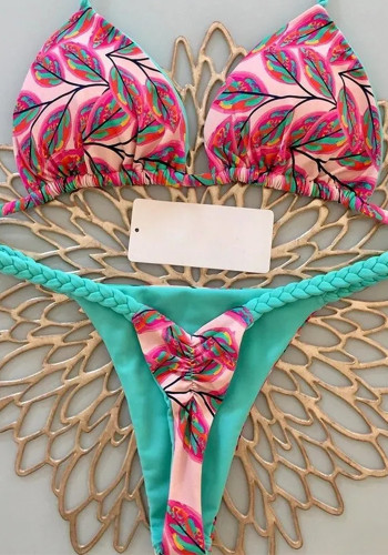 Printed Braided Two Pieces Swimsuit Sexy Triangle Thong Bikini Set
