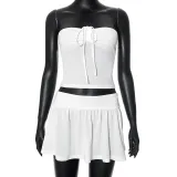 Women's Summer Strapless Low Back Ruffled Casual Two Piece Skirt Set