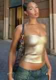 Women's Summer Solid Color Casual Strapless Crop Sleeveless Shiny Slim Vest Top